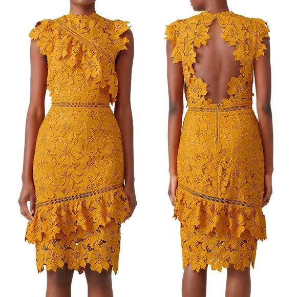 NEW SAYLOR Reine Mustard Yellow Sheath Midi Dress XS Lace Open Back Ruffle  $264 - Picture 2 of 15